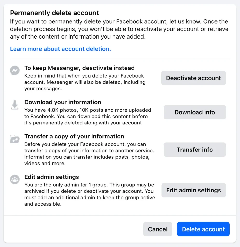facebook delete