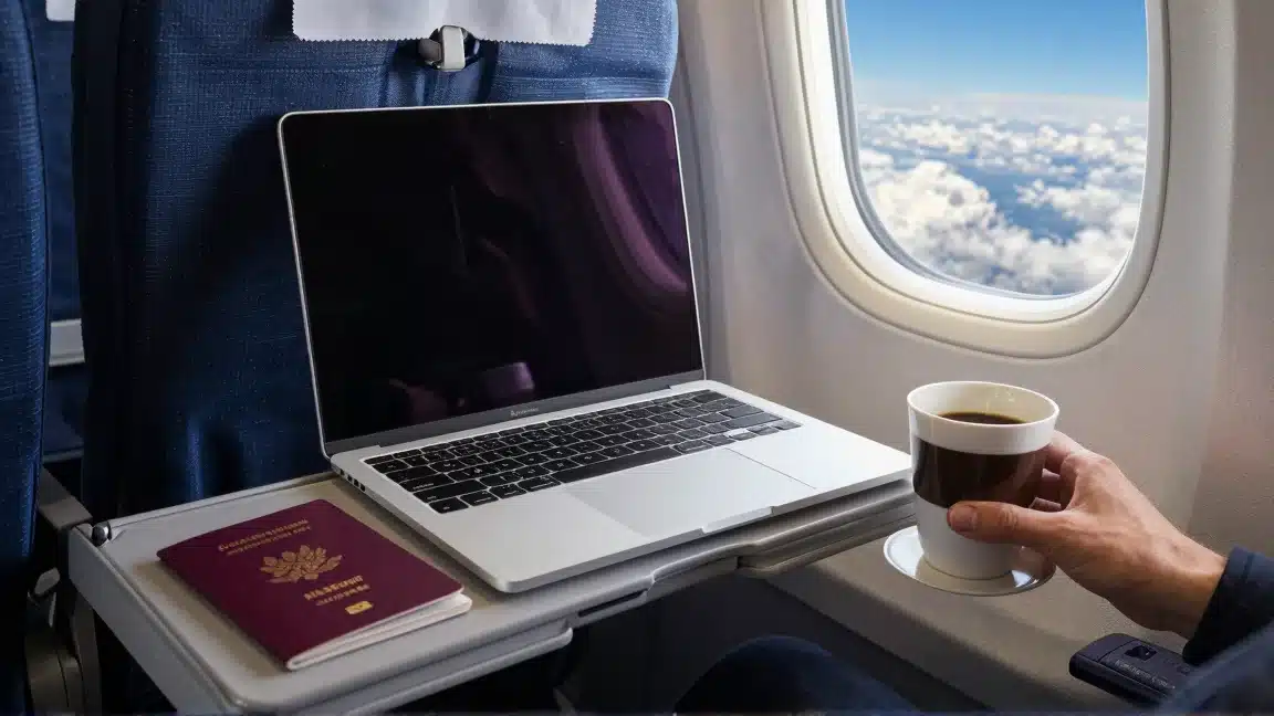 Best VPN for Traveling (2026): Safe Data & Cheap Flights 3 Airplane tray with closed laptop and passport view