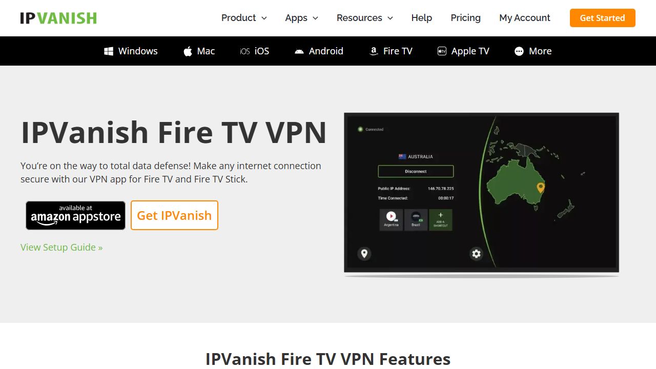 IPVanish FireStick App Interface on TV 2026