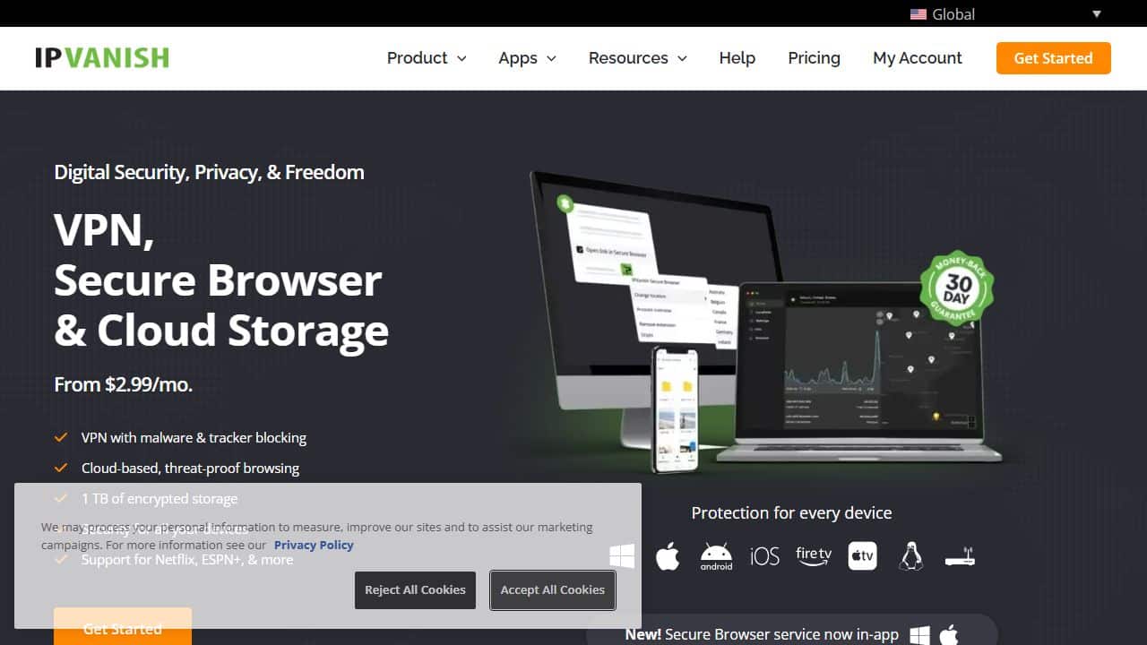 IPVanish VPN Homepage 2026 Review Interface