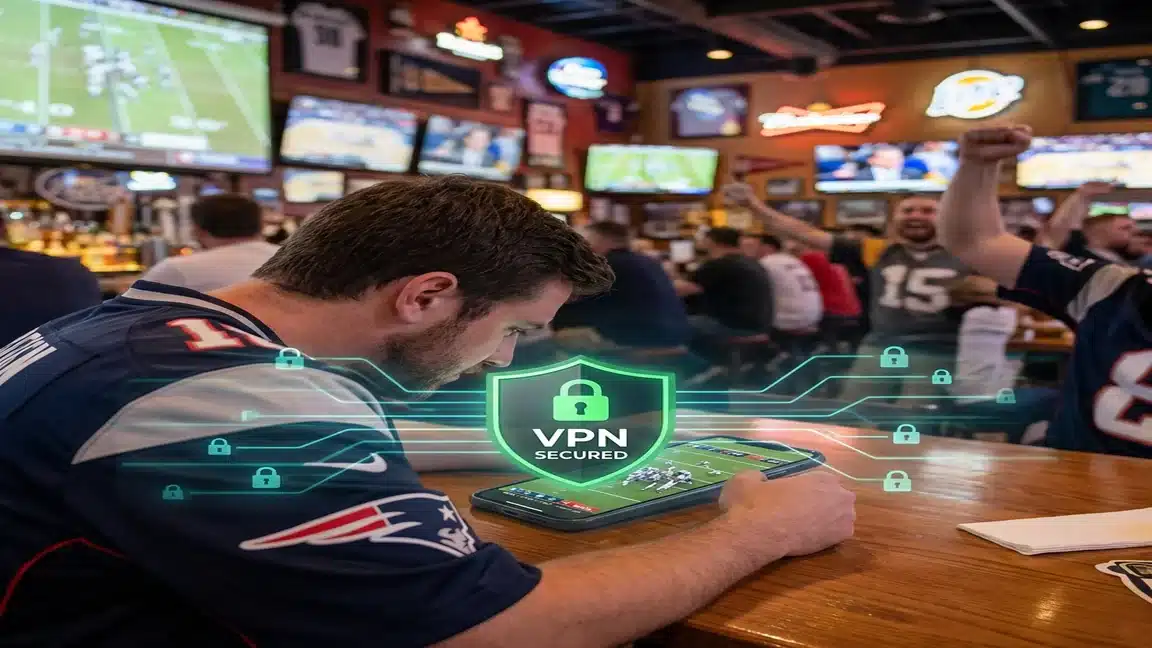 VPN protected sports bar WiFi with encrypted shield securing betting data