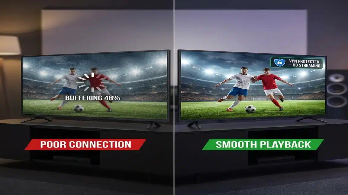 VPN vs No VPN Speed Test Results Super Bowl buffering comparison VPN protected smooth vs throttled stream