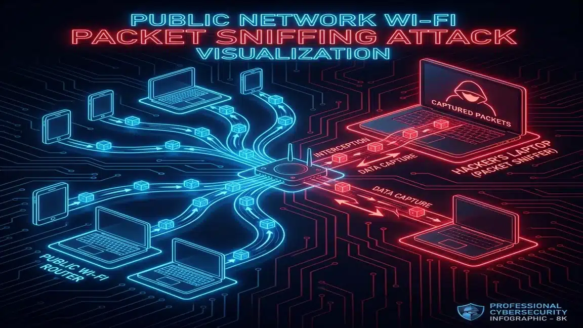 WiFi packet sniffing attack visualization showing data interception at sports bar